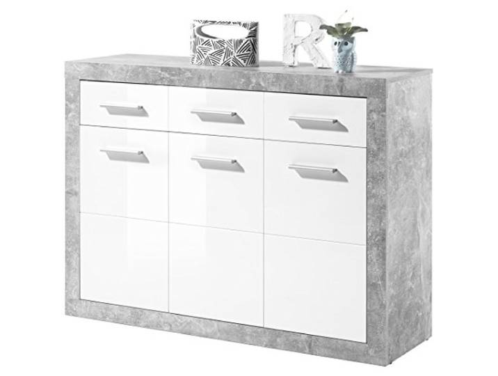 STONE Kommode mit Schubladen in Beton Optik, Weiß Hochglanz - Moderne Kommode mit viel Stauraum für Ihren Wohnbereich
