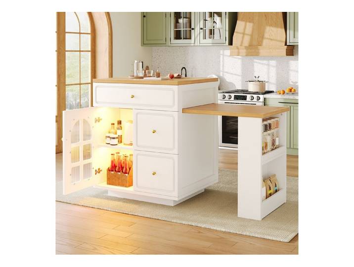 STILVORA Sideboard in Weiß Kücheninsel Aufbewahrungsschrank mit arbeitsplatte (Ausziehbare Tischplatte, LED-Beleuchtung, Glastür, Goldoptik, 122,5–195,5cm ausziehbar, 4 Schubladen, Einlegeböden), für Küche, Esszimmer, Hausbar, Familienessen, Partys