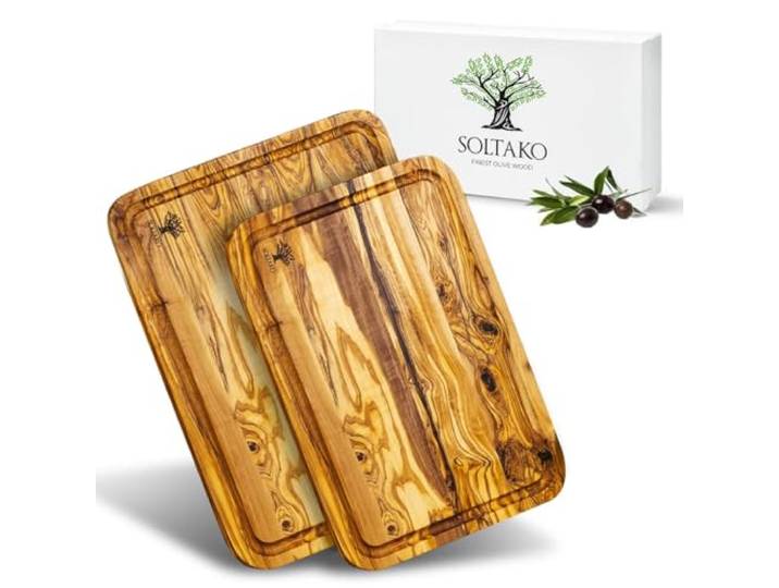 SOLTAKO Premium Schneidebrett aus Olivenholz mit Saftrille - 2er Set Massives Holzbrett als Servierbrett & Tranchierbrett - handgefertigt, langlebig, natürliche Maserung & jedes Stück ein Unikat