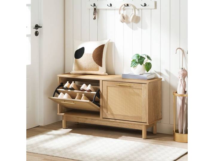 HOOBRO Banc à Chaussures Banc d'Entrée avec 2 tiroirs rabattables Meuble à Chaussures avec décoratif en rotin Plateau spacieux