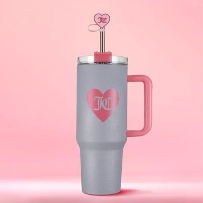 Juicy Couture Jetsetter Hydration Stainless Steel Tumbler with Handle and Straw With Topper
