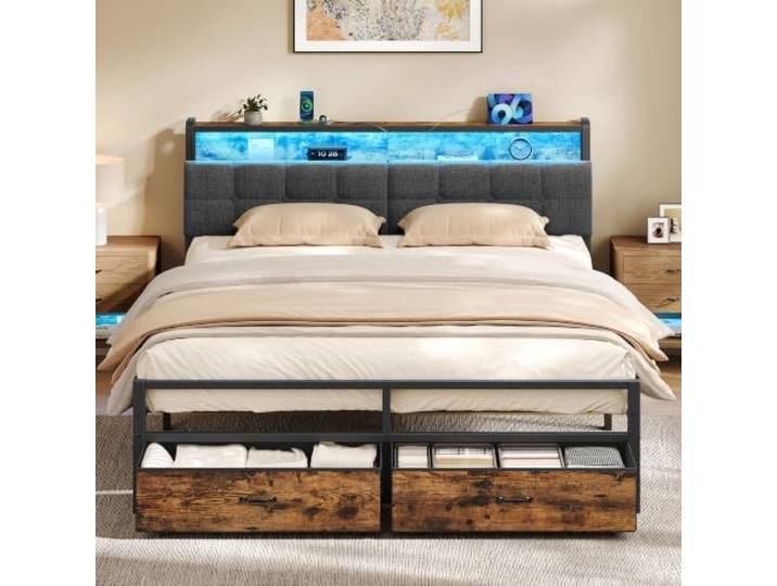 VASAGLE Metallbett 160 x 200 cm und Bettschubladen Set Bettgestell mit Stauraum, Kopfteil und LED, für Schlafzimmer, CONNER Kollektion