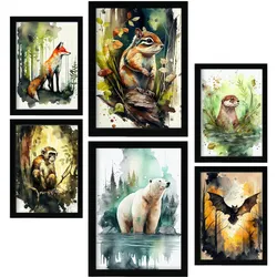POSTER Set Mit 6 Lebensräume Illustrationen Von Tieren In Naturlandschaften, Realistischer Aquarellstil Innenarchitektur A3 & A4 Schwarzer Rahmen