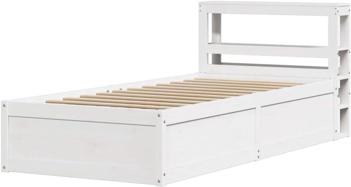 Wit houten eenpersoons bedframe met opberg hoofdbord en nachtkastje, 90 x 190 cm