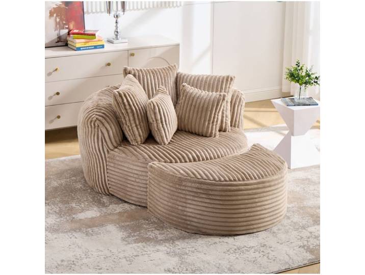 MEULVA Canapé 1 place rond de relaxation en chenille avec repose-pieds et 5 coussins Camel et marron