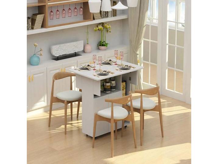 Table De Salle À Manger Pliante-OHMG-Avec Tiroirs Et Étagères-Équipé De 4 Roues En Métal-Table Compacte-100x70x77cm -Blanc