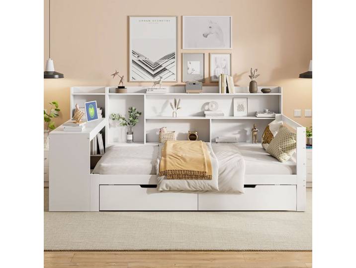 Canapé-lit en bois massif 90x200 lit multifonction avec bureau intégré et tiroirs blanc