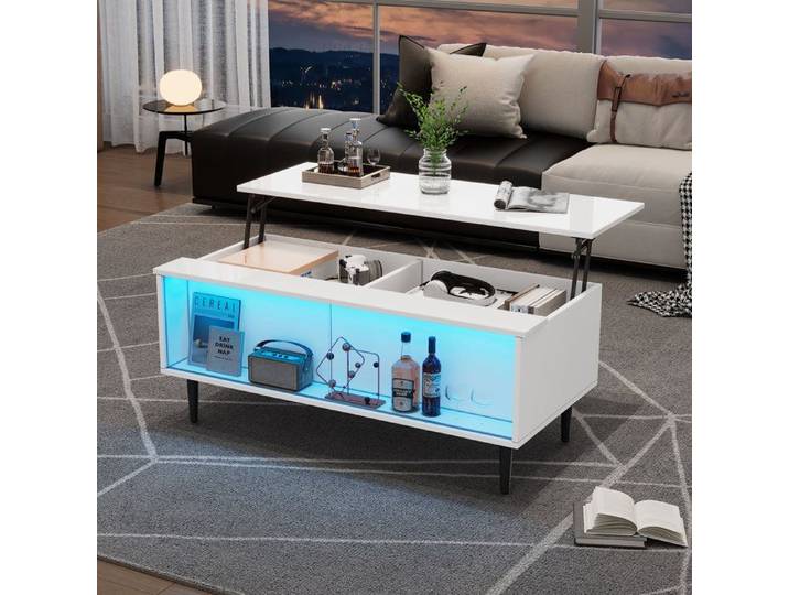 Table basse blanche 105x50x43cm – relevable LED vitrine verre 4 pieds TABLE BASSE