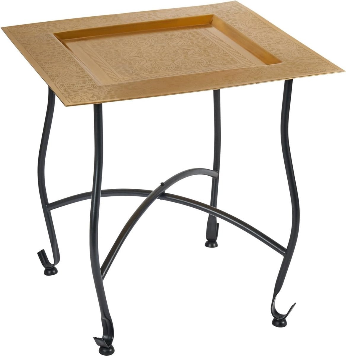 Marokkaanse Bijzettafel Metaal Vierkant Zwart met Gouden Dienblad - 42 cm