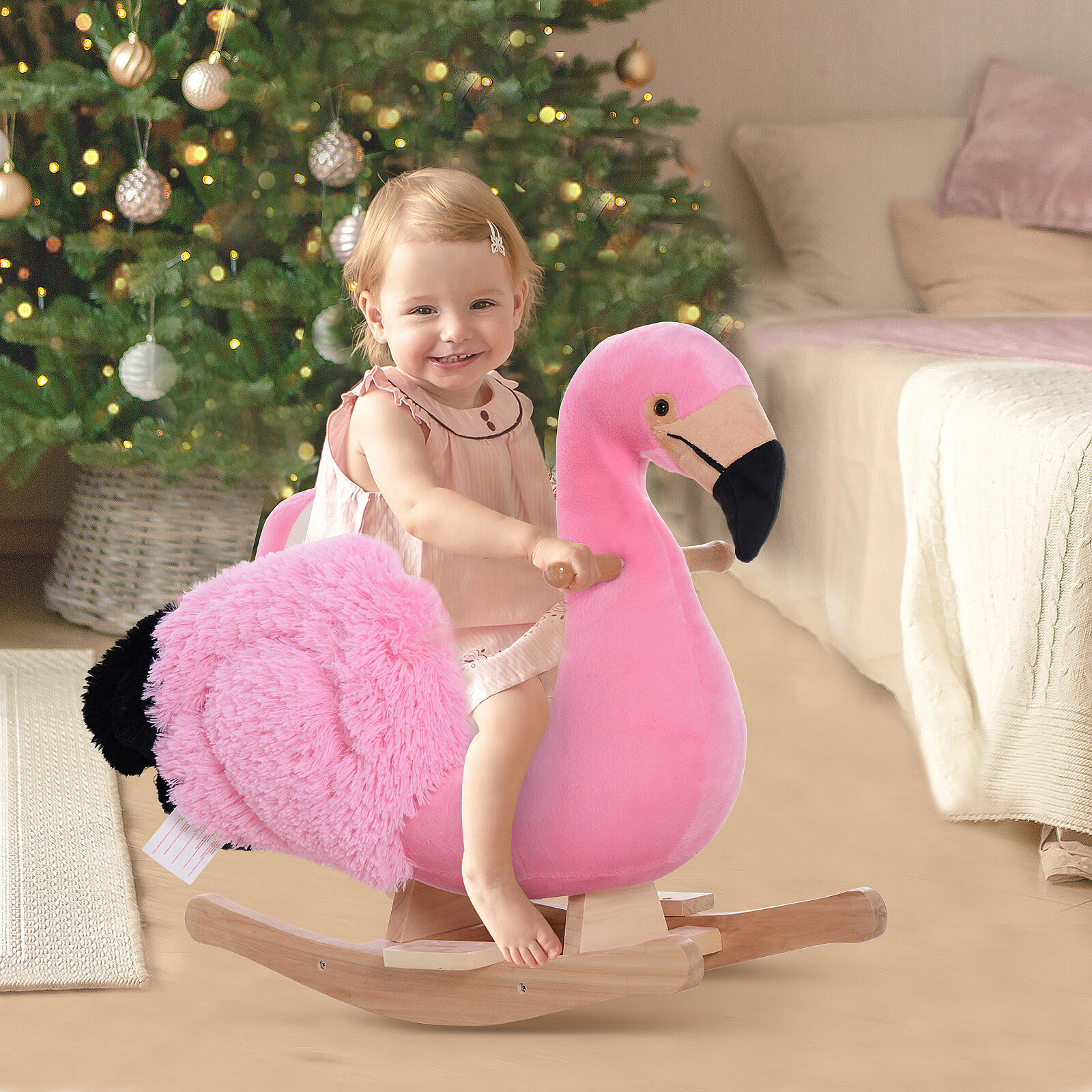 Altro Cavallo A Dondolo Per Bambini, Fenicottero A Dondolo Per Bambini Dai 18 Mesi In Legno Con Cinture Di Sicurezza, Rosa