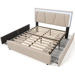 OKWISH Polsterbett Holz Beige 140x200 cm mit Matratze, LED-Beleuchtung, 4 Schubladen und manuell höhenverstellbarem Kopfteil