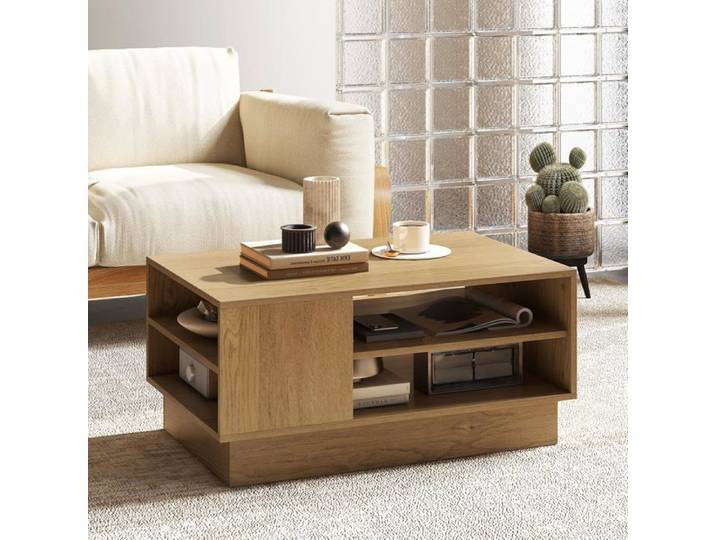 Table Basse Rectangulaire COSTWAY 2 Étagères de Rangement Ouvertes Table Moderne 86x56x41cm pour Salon Chambre Bureau Naturel