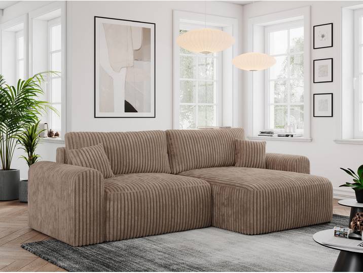 MKS MEBLE Cord Sofa L-Form, Ecksofa mit Schlaffunktion, Wohnlandschaft L-Form mit Kissen, Couch L-Form - Nelson - Braun Cord