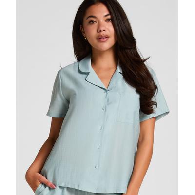 Pyjama HUNKEMÖLLER "Pyjama Jacket Crinkled", Damen, Gr. XS, blau, 74% Viskose, 22% Polyamid, 4% Leinen, Homewear-Sets Pyjama