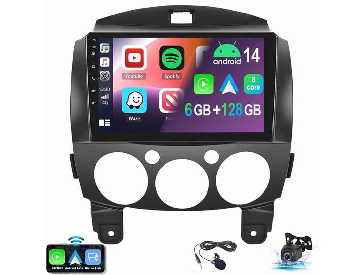 ESSGOO Für Mazda 2 2007-2013 Android 15 6+128G 8-Kern Autoradio (RDS, Digitalradio (DAB), FM, AM, Apple Carplay Android Auto GPS Navi WIFI BT)