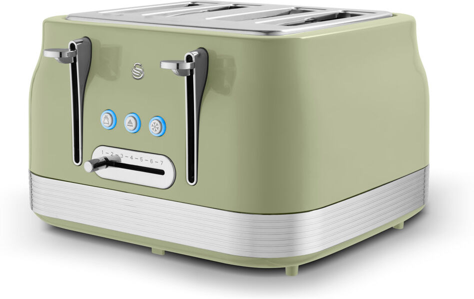 Swan Retro 4 Slice Toaster with 7 Browning Levels for Toast, Breakfast Muffins and Bagels, Removable Crumb Trays, Defrost/Reheat/Cancel, Cord Storage, Green 4