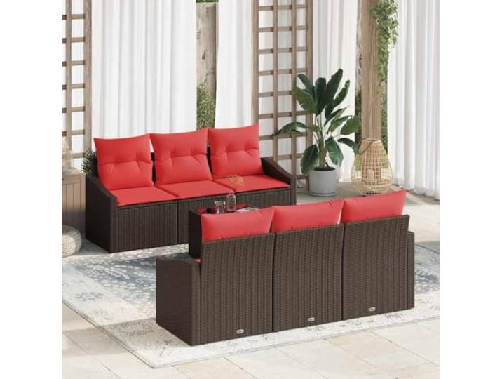KTHLBRH Sofa Set 7 Pieces 3-Seater Brown Red Poly Rattan Outdoor Furniture Poly Rattan, pulverbeschichteter Stahlrahmen, Tisch mit Glasplatte, abnehmbare Kissen, höhenverstellbar, wasserfester