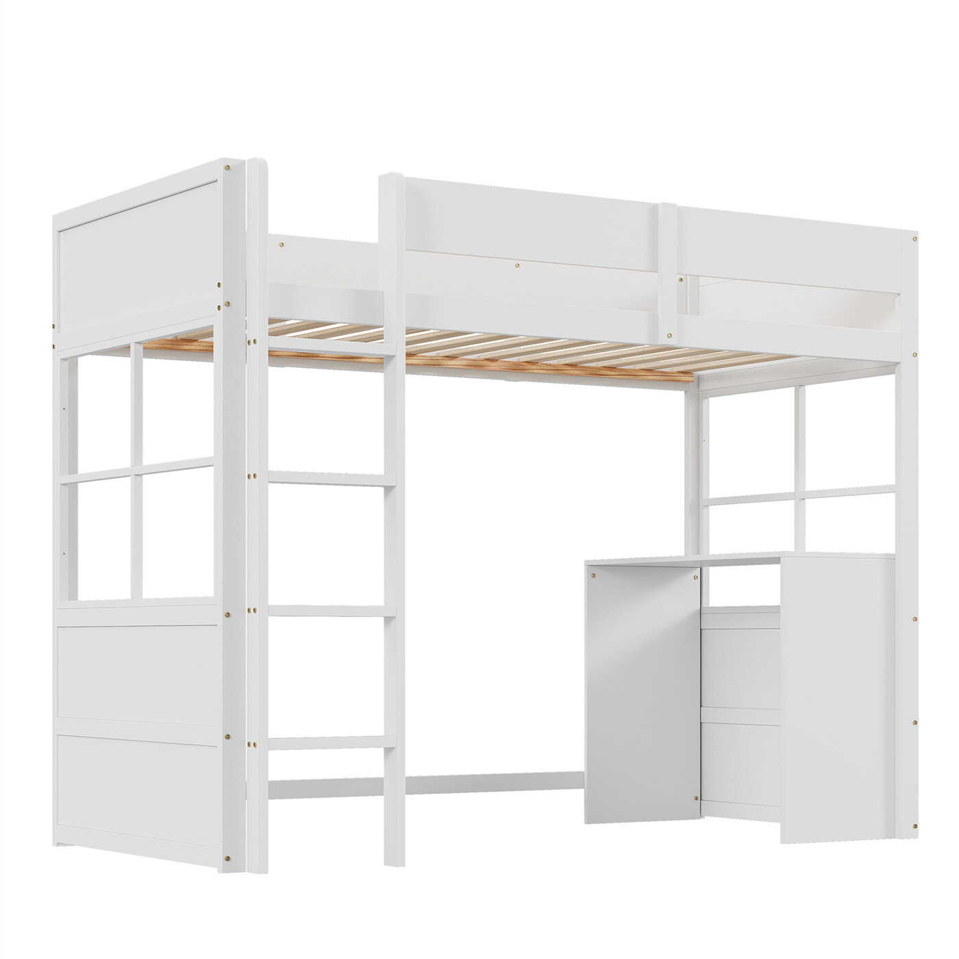Hochbett,Kinderbett(Weiß)Einzelbett,Sicherheitstreppe,mit Tisch, hohes Zaundesign