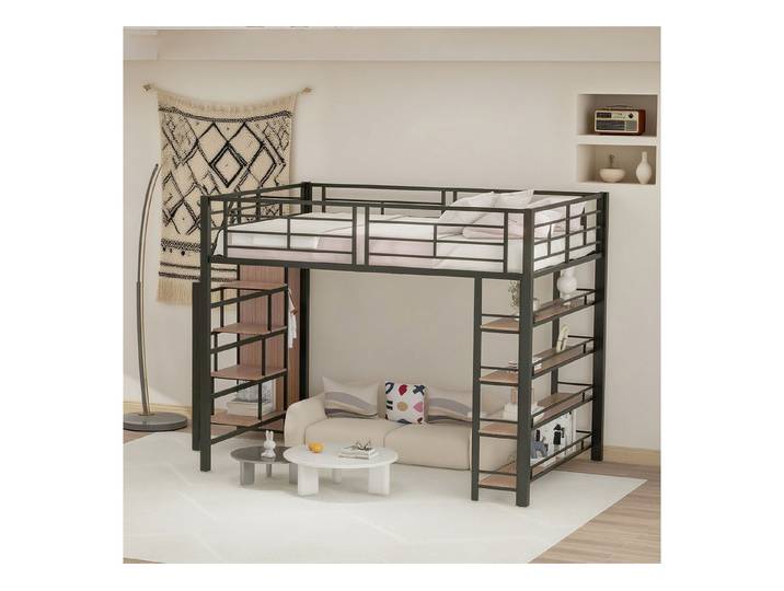 MODFU Kinderbett mit Sicherheitstreppe, Stauraum (Hochbett mit Kleiderschrank, Metall-MDF Einzelbett, Eisenbett 140x200 cm), ohne Matratze