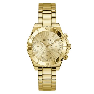 Multifunktionsuhr GUESS "PHOEBE", gold (goldfarben), Armbanduhren, Damen, Quarzuhr, Armbanduhr, Damenuhr, Edelstahlarmband, analog, Wochentag