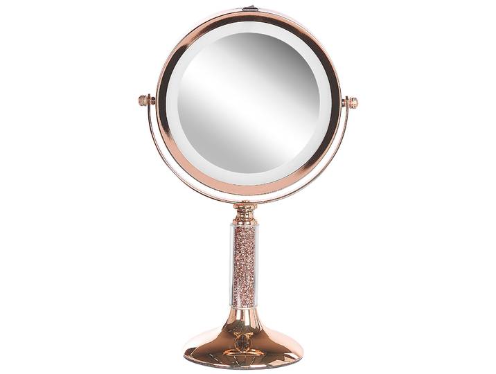 BELIANI Schminkspiegel Roségold Eisen rund doppelseitig drehbar mit LED Licht Ständer 5-fach Vergrößerung Klassisch Kosmetikspiegel Tischspiegel