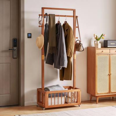 Kodotan sofa Solid Wood Freestanding Coat Rack with Rolling Wheels & Storage Basket, Walnut Finish Clothes Hanger Stand with Side Hooks