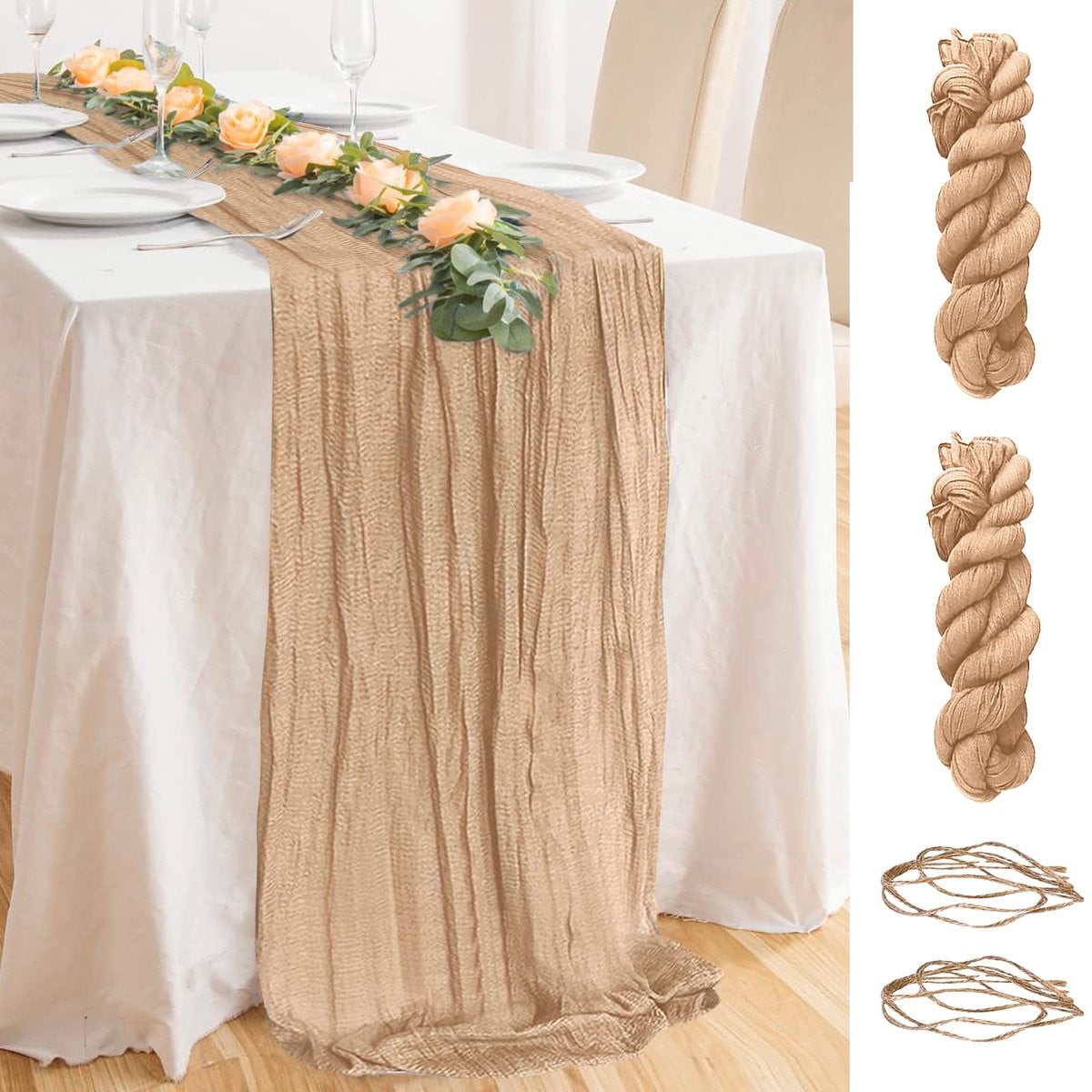 Set van 2 beige chiffon tafellopers voor feestelijke decoratie, 40 x 400 cm