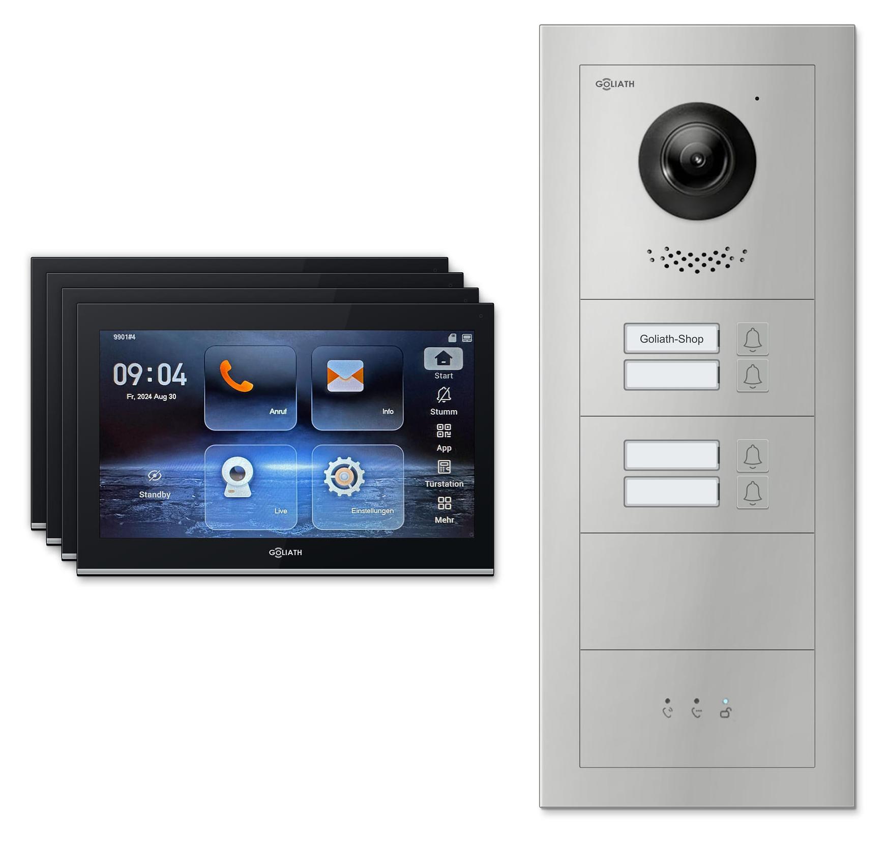 Goliath Premium IP GL-IPH440.3 Video-Türsprechanlage, 4 Familien, 4× 10 Zoll Schwarz, Silber, Aufputz