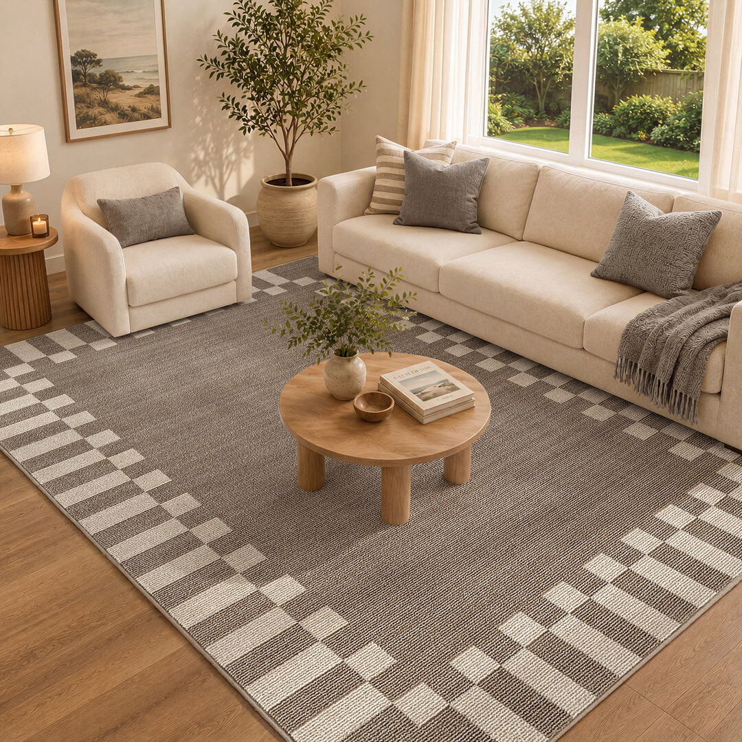 Latitude Vive Fifth Avenue Check Border Rug Brown,Off-White,Beige Rectangle 152 x 225 cm