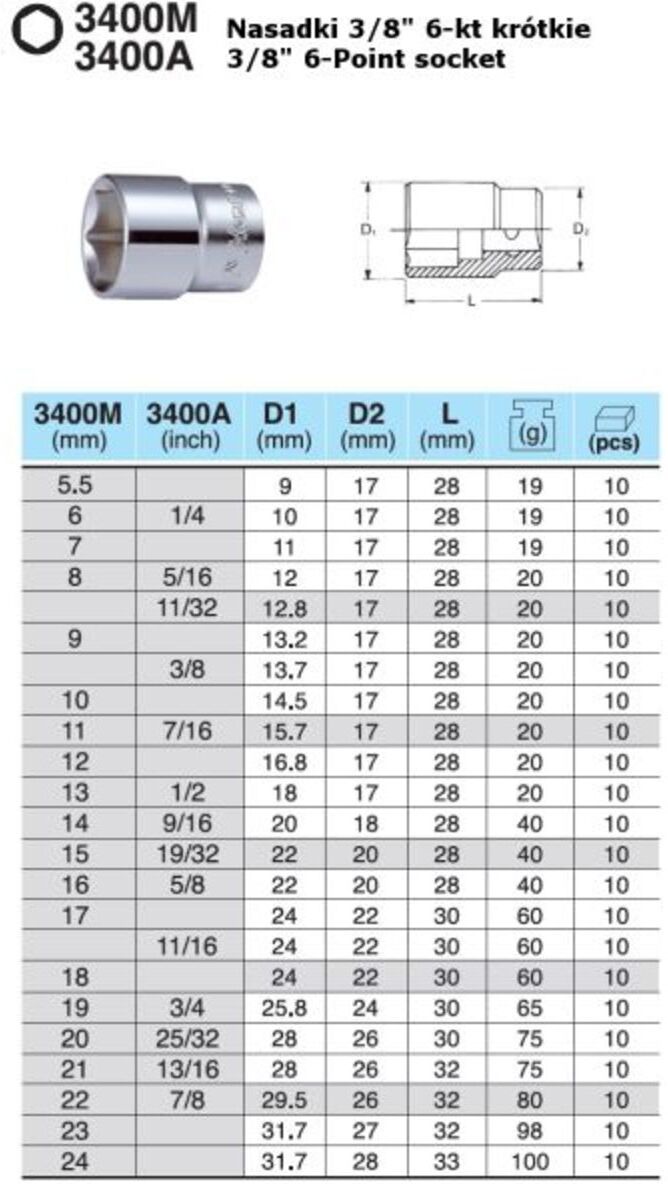 Steckschlüssel 3/8 zoll 6-Eckig HANS 3400M/8