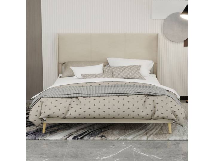 Lit double beige 160×200 cm tête de lit rembourrée structure stable montage nécessaire sans matelas