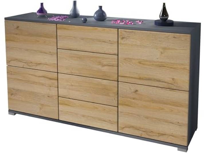 Vladon Sideboard Rova V1, Kommode mit 4 Türen und 4 Schubladen, Anthrazit matt/Eiche Natur (138,5 x 75,5 x 35)