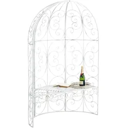 DELUKE Halbpavillon mit Sitzbank BOSTON - Metall Antik weiß 120x58x178 cm | Gartenbank Mit Lehne Rankhilfe Etallbank Mit Überdach