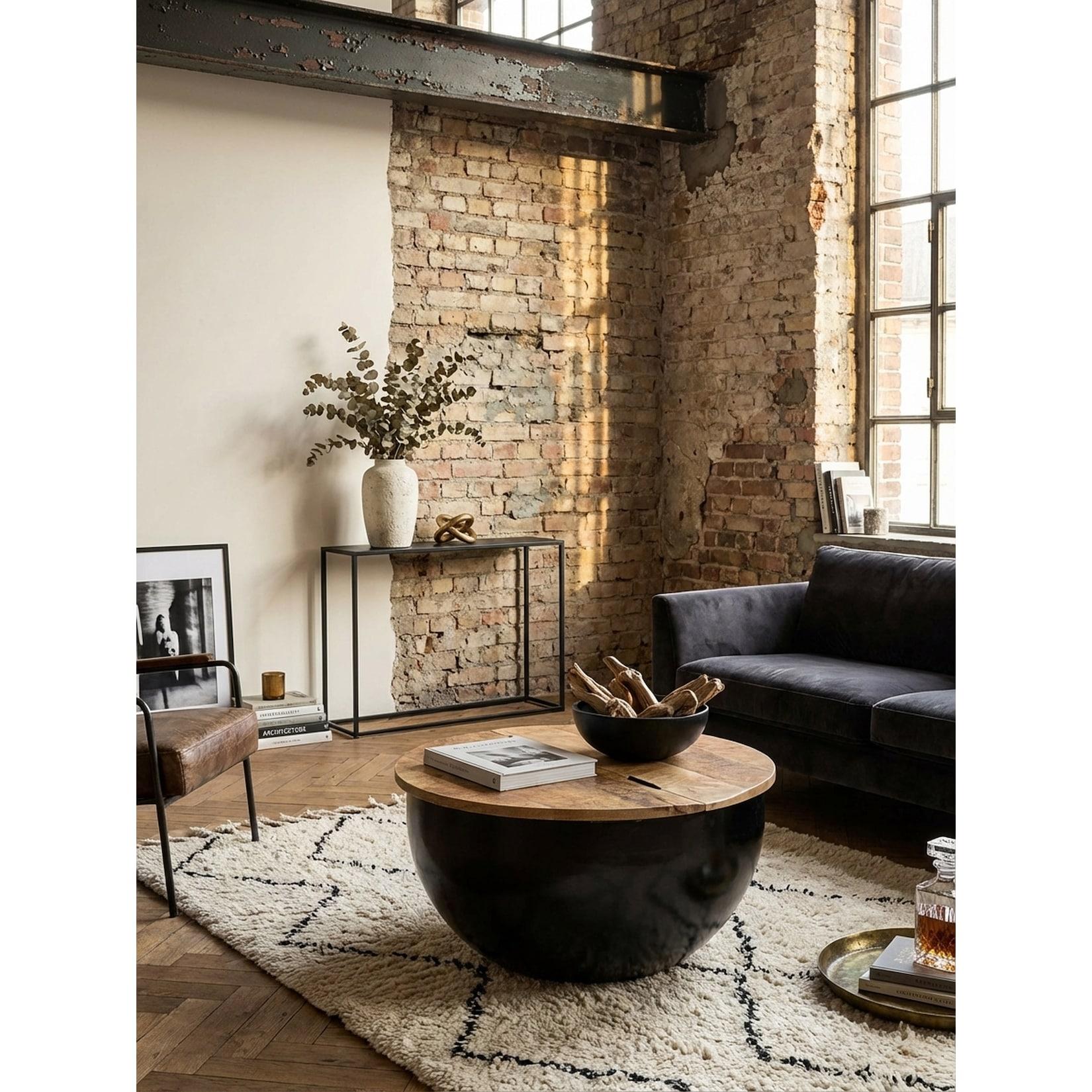 Couchtisch, Schwarz, Mango-Massivholz und Metall, Industrial-Style, 60x34x60cm, Stauraumfunktion