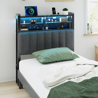 Adjustable Upholstered Headboard with 3 Tier Shelves with Charging Stations and LED Lights, Modern Bed Headboard with Storage