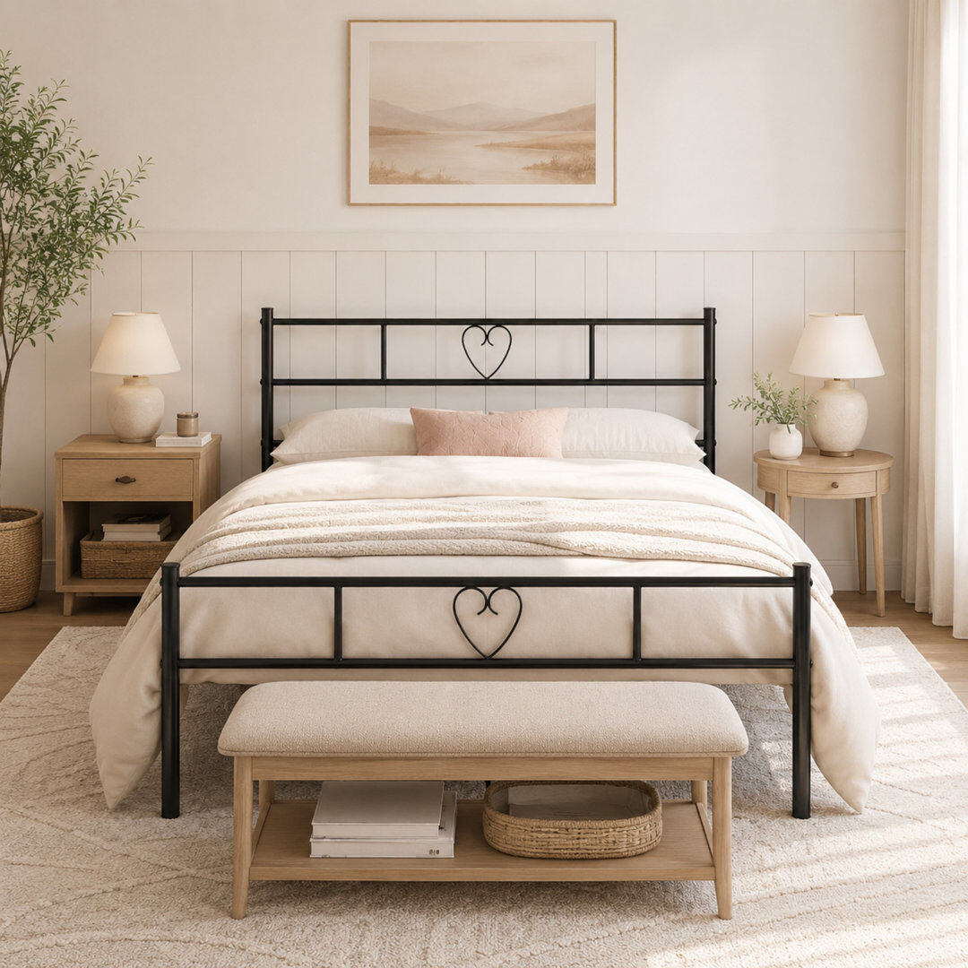 Three Posts Aaru Heart Design Metal Bed Frame with Headboard & Footboard Black Double (4'6)