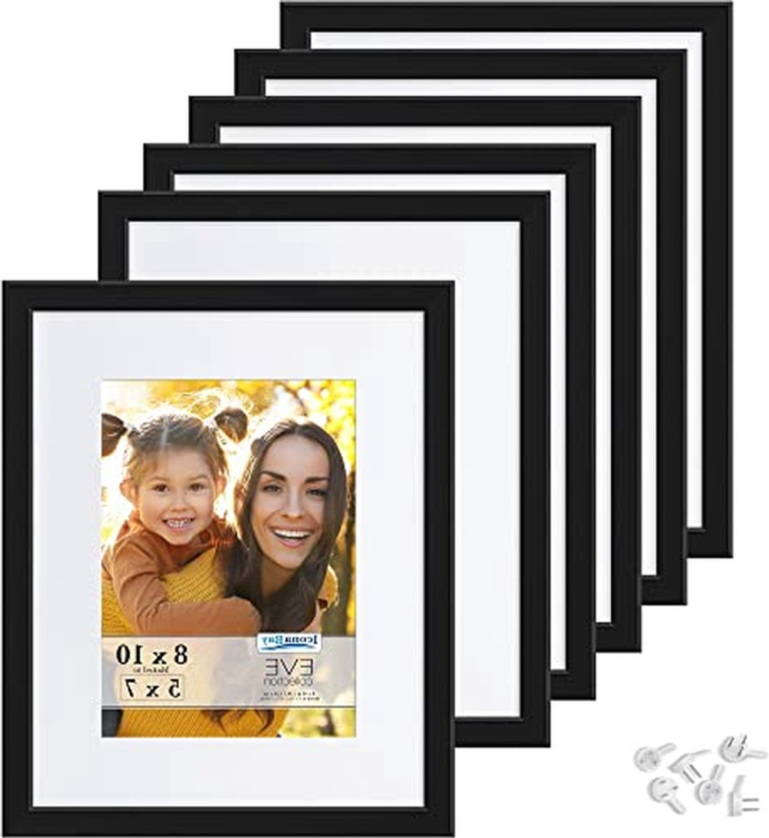 Set van 6 zwarte fotolijsten met dubbele afschuining
