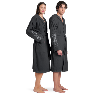 Bademantel ARENA "arena Unisex Zeppelin Bademantel" Gr. L, schwarz (asphalt, weiß), L:118cm, Baumwolle, Hausmäntel, Bademantel, Schwimmbad, Sauna, Baumwolle, Unisex, weich, bequem, Kapuze, leicht