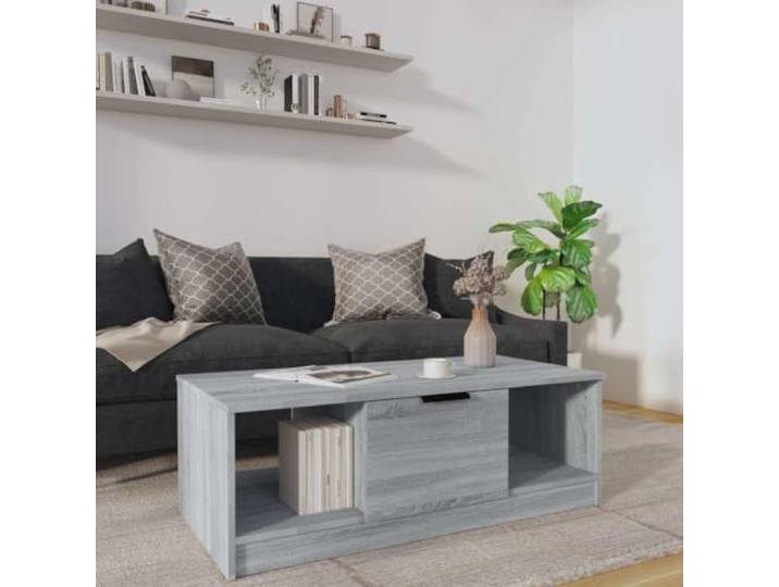 HEFZGDB Grauer Couchtisch Sonoma 102x50x36 cm aus Holzwerkstoff mit 3 Fächern und glatter Oberfläche für Stauraum und Präsentation