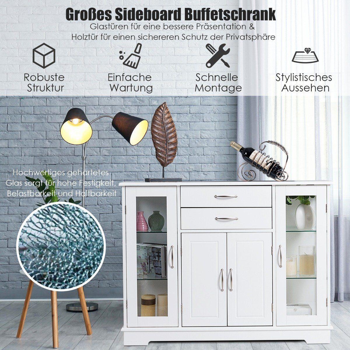 Aufbewahrungsschrank aus Holz mit gehärteten Glastüren und Schubladen Weiß