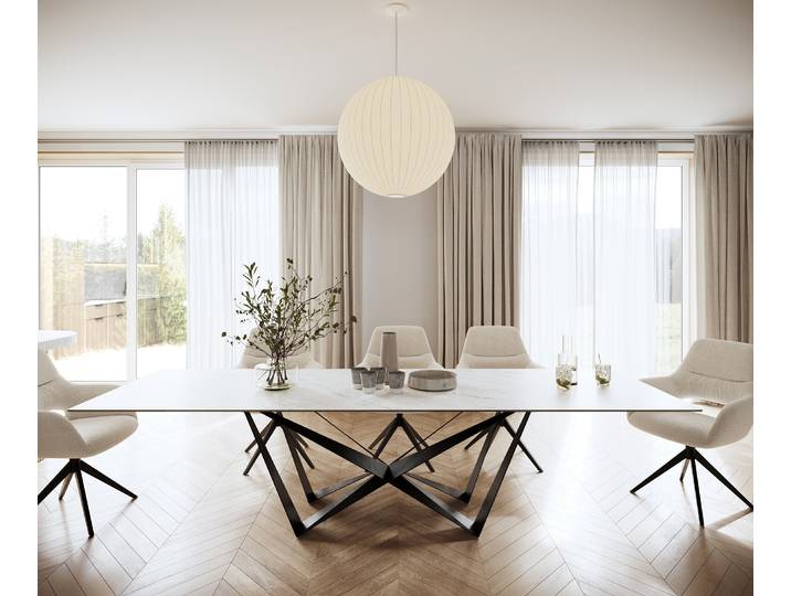 Esstisch Edge 300x100cm Keramik Laminam®Statuarietto Weiß Mittelfuß Flachstahl Schwarz, Esstische