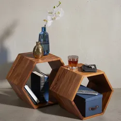 KADIMA DESIGN Sheesham Massivholz Satztisch 2er Set in Wabenform, Braunton, handgefertigt