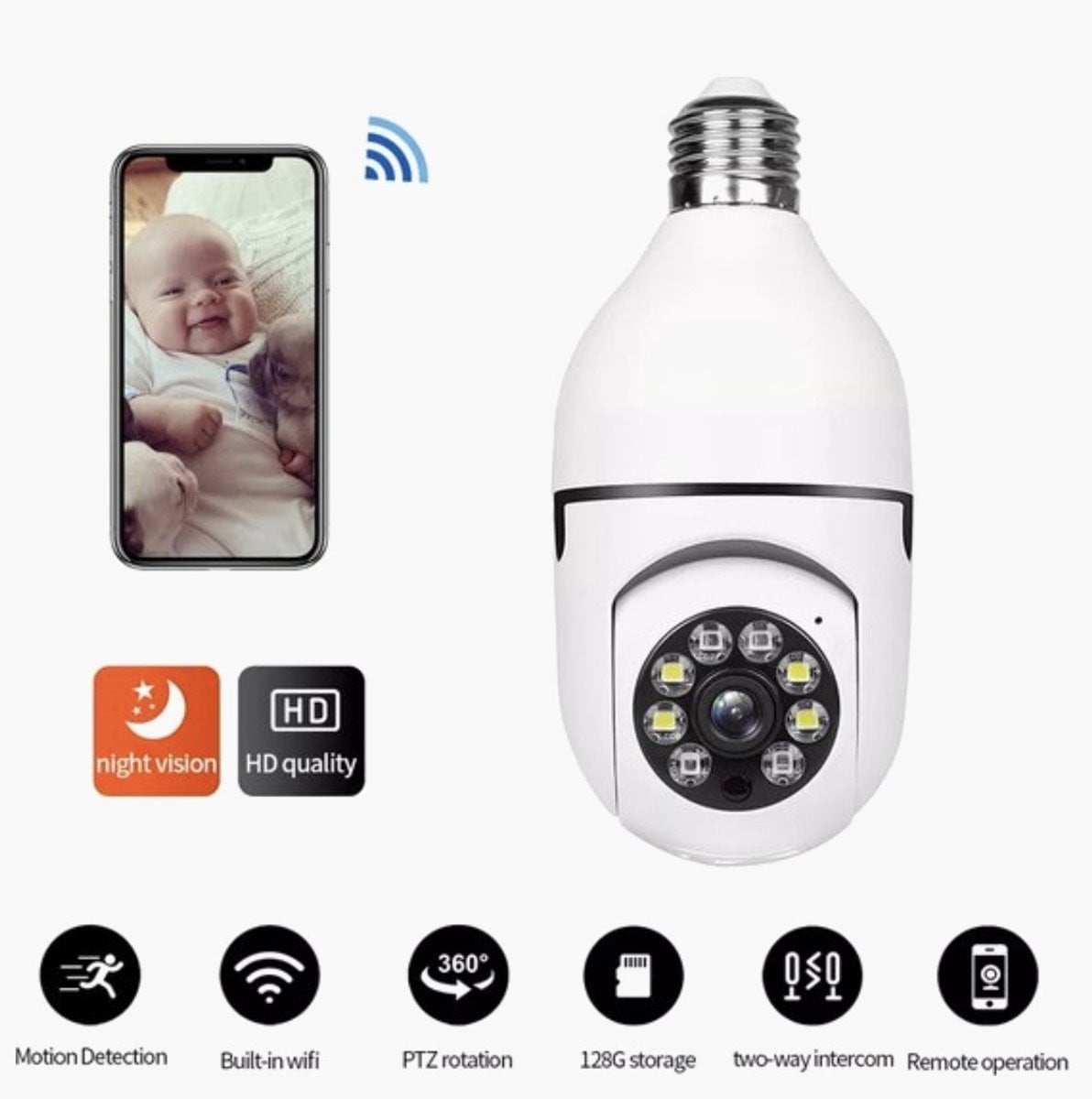 Wifi Panorama Beveiligingscamera - 1080p - 5G - E27 Fitting - Wit - 360 graden - Nachtvisie - Tweerichtingsaudio - Bewegings- en geluidsdetectie