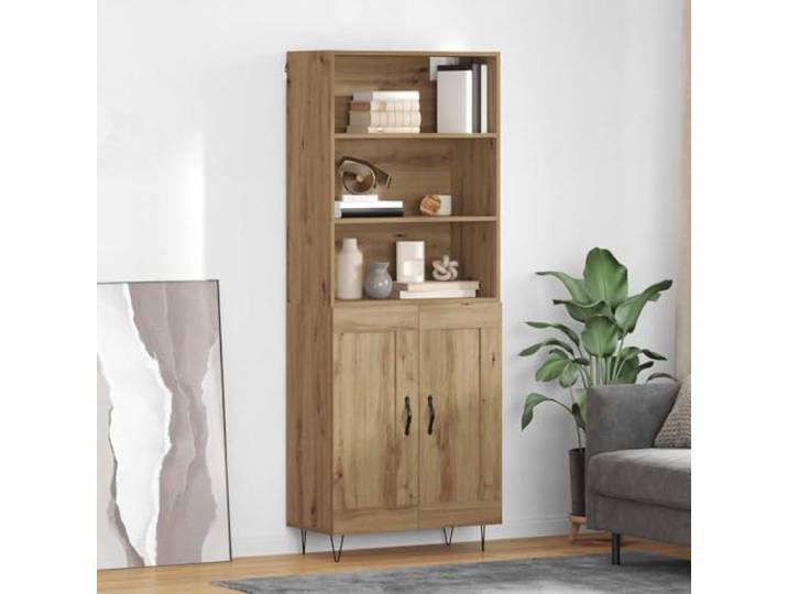 Modernes Highboard aus Holzwerkstoff mit Metallfüßen, Elegantes Highboard mit Stauraum, Praktischer Schrank mit Türen für Ordnung, Weißes fürs Wohnzimmer, Modernes