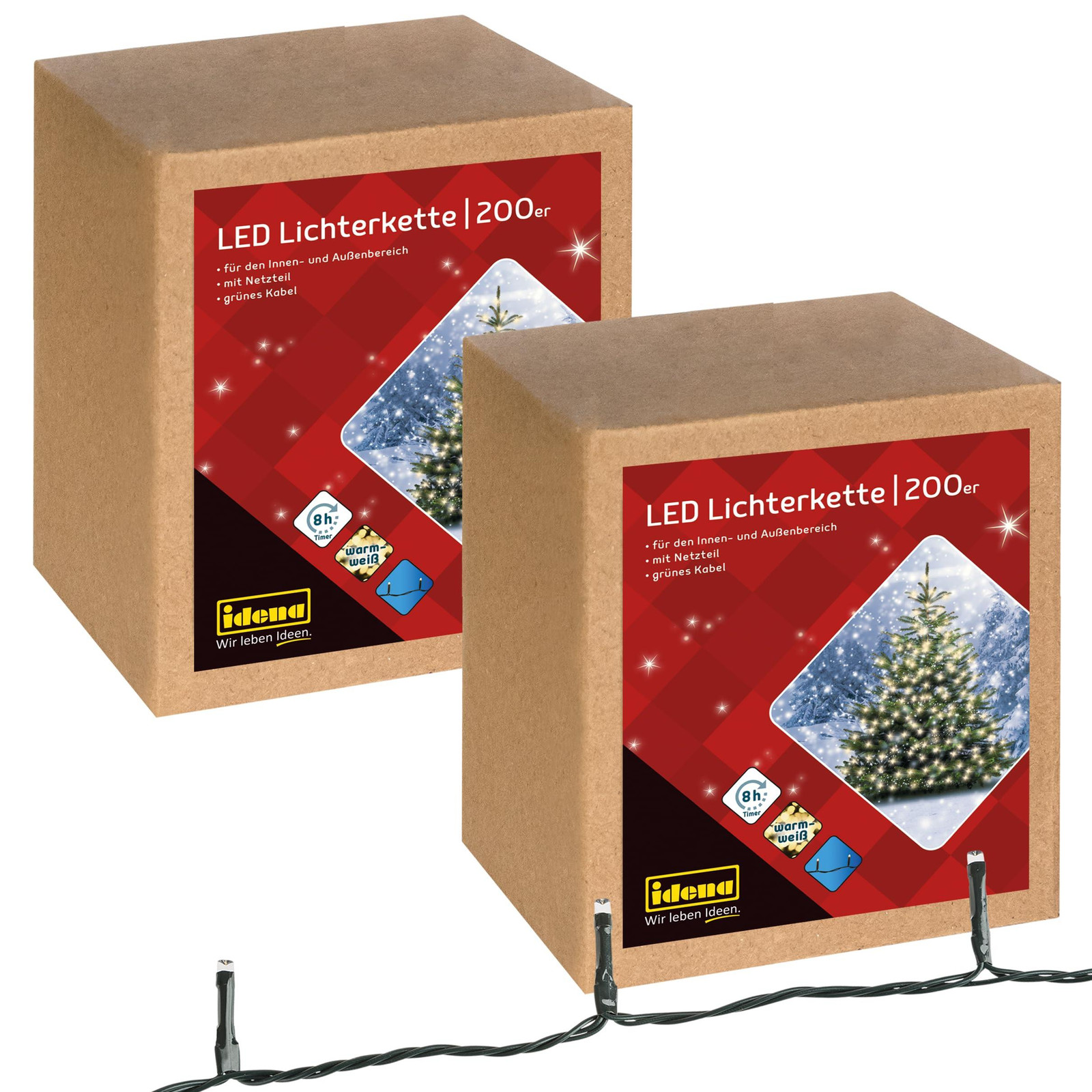 Idena 2 stuks LED-lichtketting met 200 LED's in goudgeel voor binnen en buiten