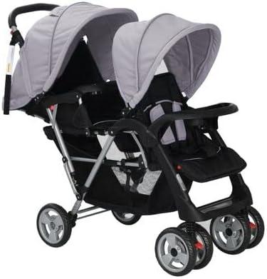 Geschwisterwagen Zwillingswagen Tandem Kinderwagen Zusammenklappbar, Großer Staukorb, Schutz vor Sonnenlicht und UV-Strahlen, Stahl Grau und Schwarz