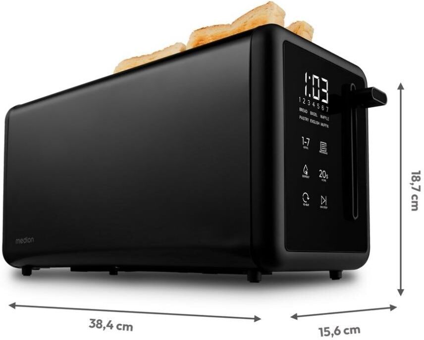 Medion Toaster "Langschlitztoaster, MD12103, LED Sensor-Touch-Display", schwarz (matt schwarz), B:15,6cm H:18,7cm T:38,4cm, Toaster, abnehmbarer Brötchenaufsatz, Toaster matt schwarz Einheitsgröße