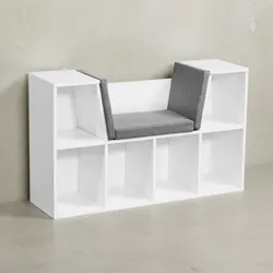 KADIMA DESIGN Schuhregal mit Sitzbank, weißer Korpus, graue Polsterung, 6 Fächer, 101,5x61,5x30 cm.