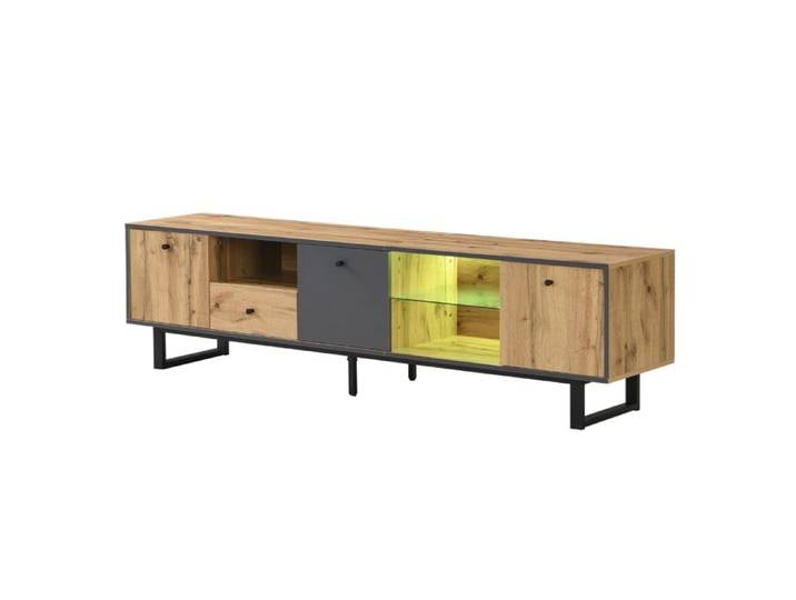 Meuble bas de salon avec effets lumineux LED cloison en verre charnières souples et design aux couleurs coordonnées