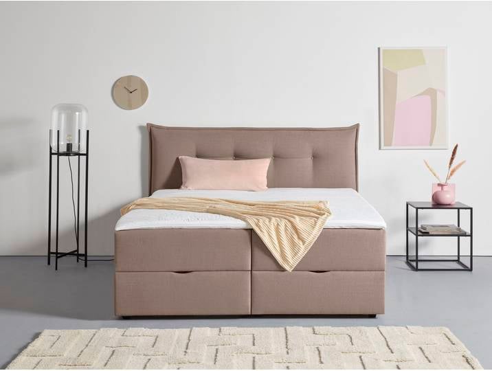 Boxspringbett, Struktur, Taupe, 195×213 cm, Mit Bettkasten & Topper, Modern, andas